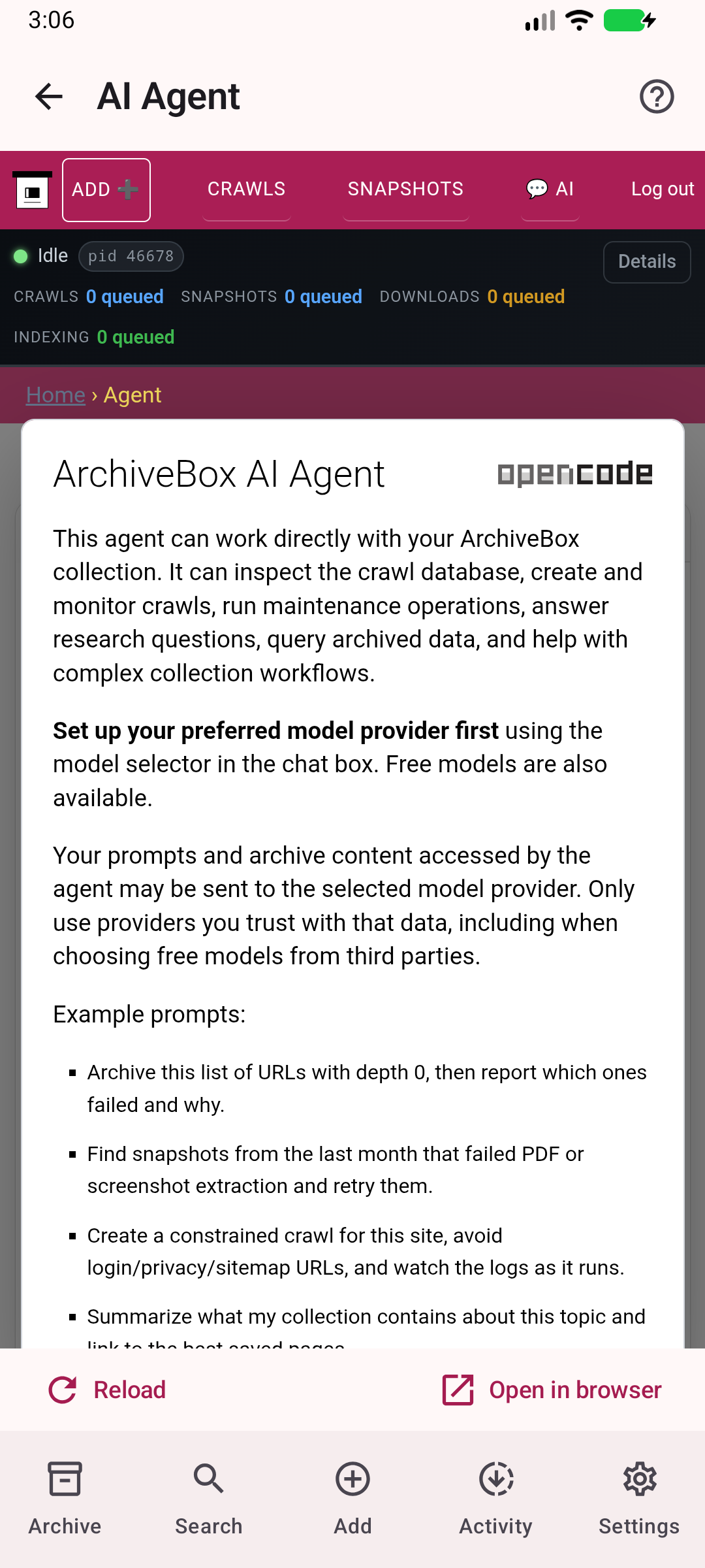 AI Agent — Access the server AI interface and its current availability.