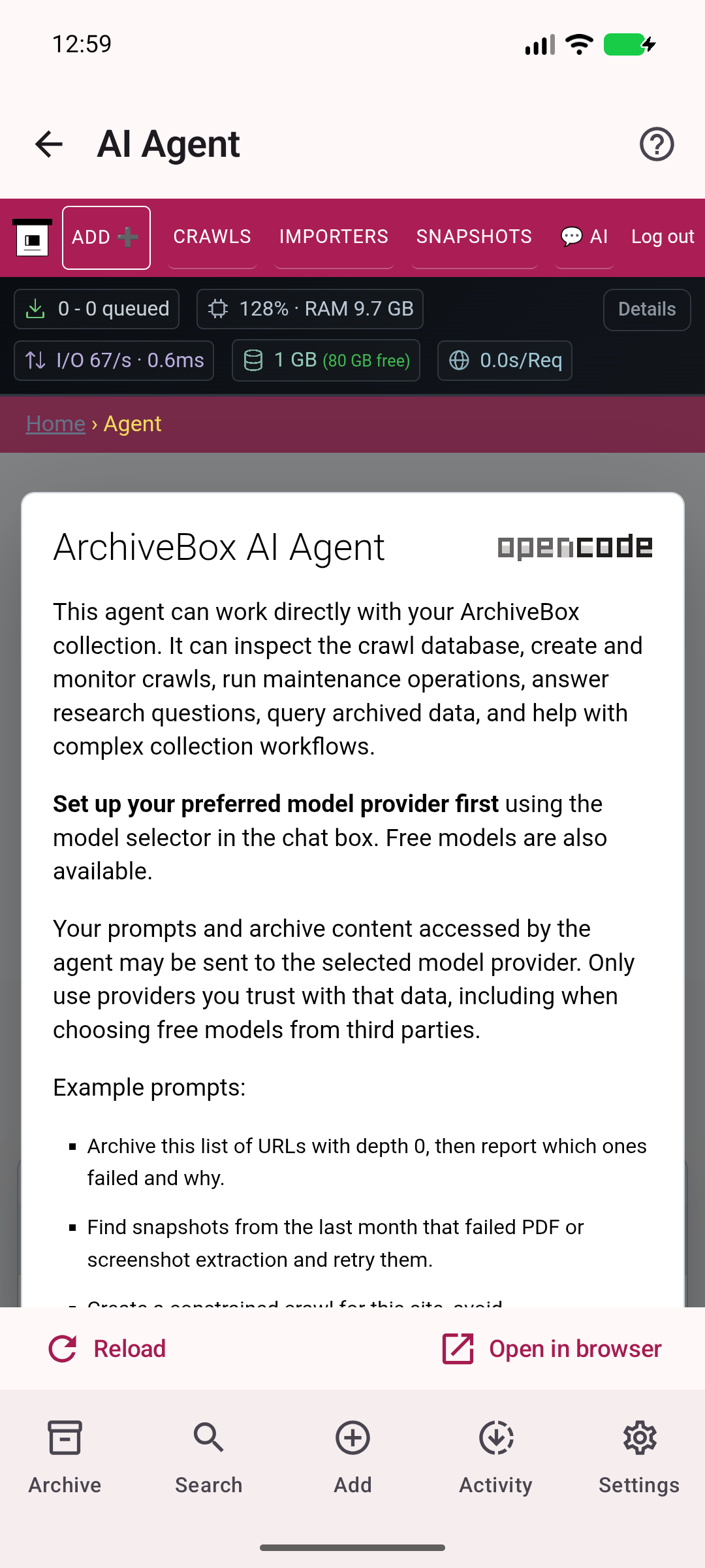 AI Agent — Access the server AI interface and its current availability.