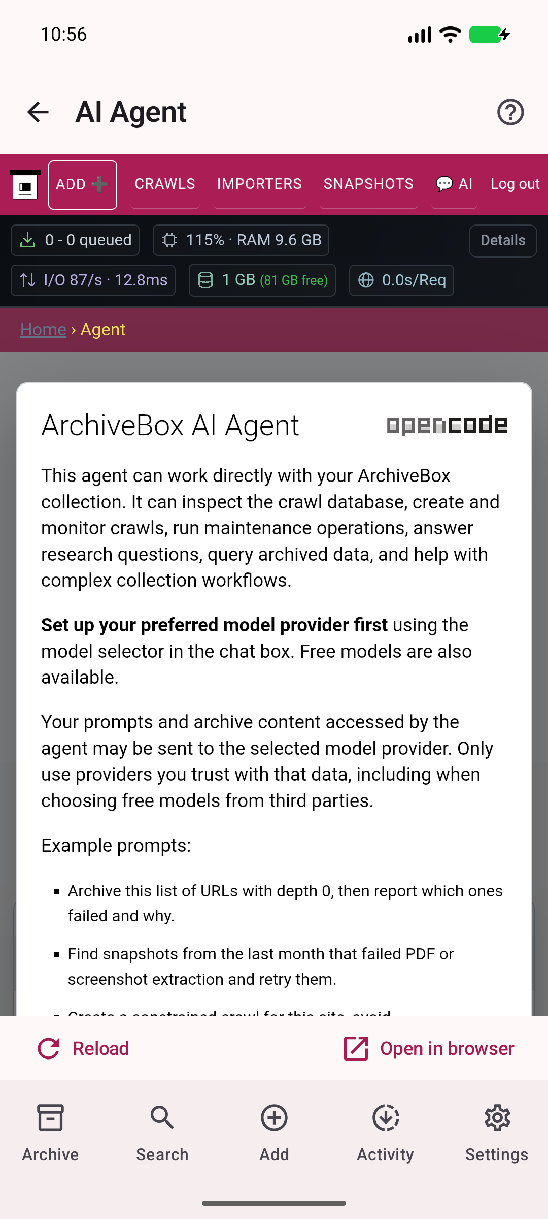 AI Agent — Access the server AI interface and its current availability.
