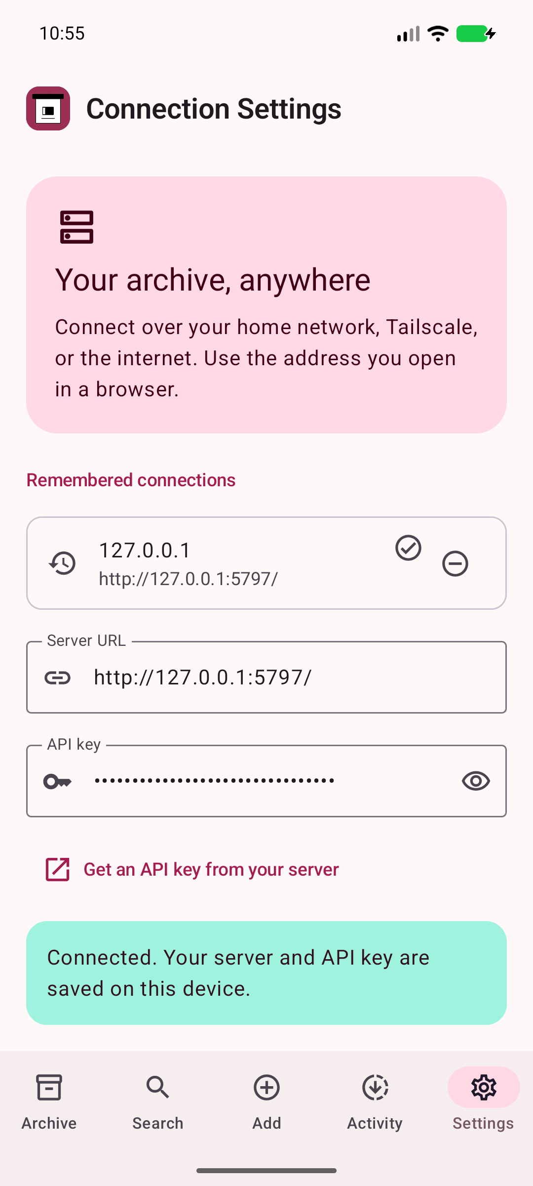 Your server, connected — Connect with your server address and securely stored API key.