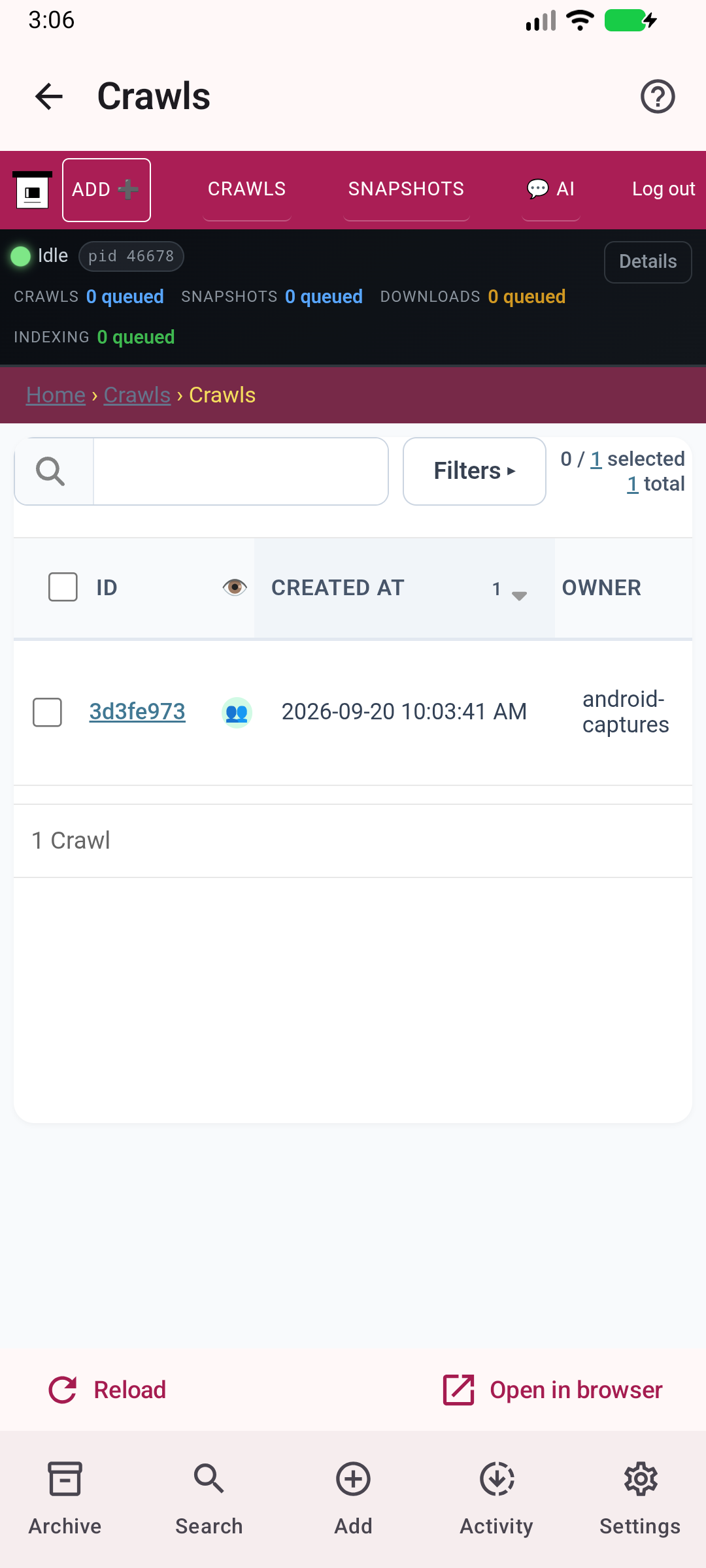 Your crawls — Inspect actual crawl history on your server.