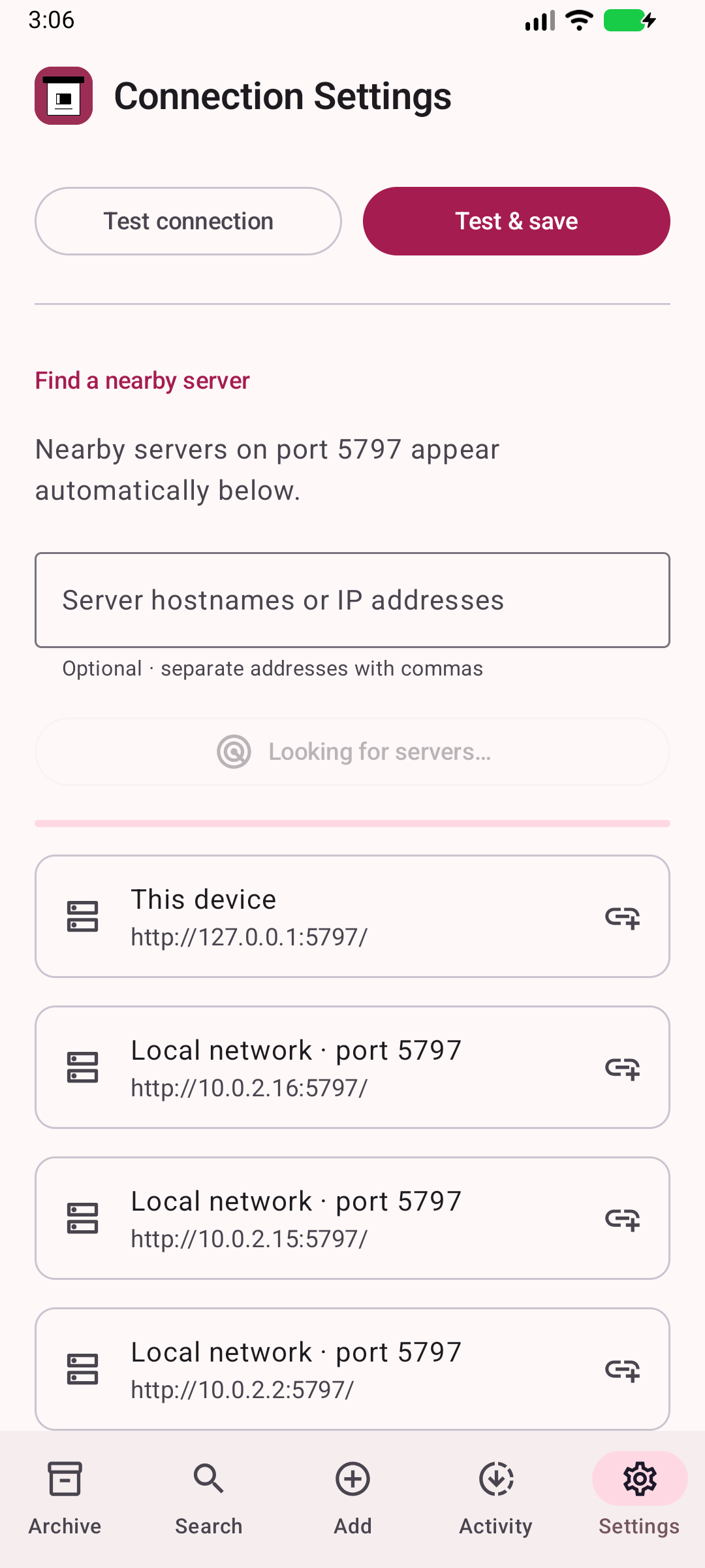 Discover nearby servers — Look for ArchiveBox servers on port 5759 on your local network and configured tailnet.