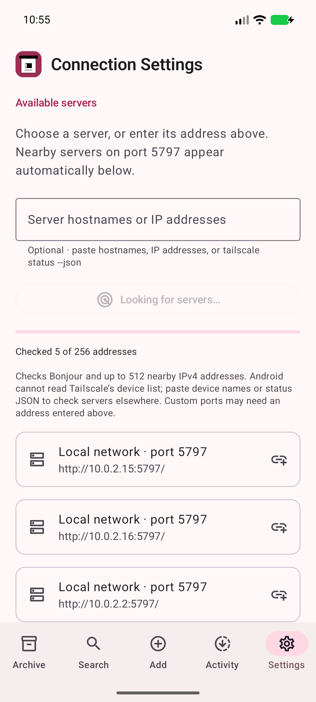 Discover nearby servers — Look for ArchiveBox servers on port 5797 on your local network and configured tailnet.