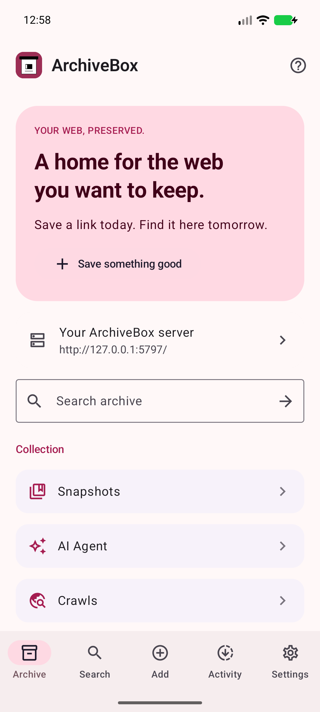 ArchiveBox at home — Navigate collection, server tools, and helpful resources.