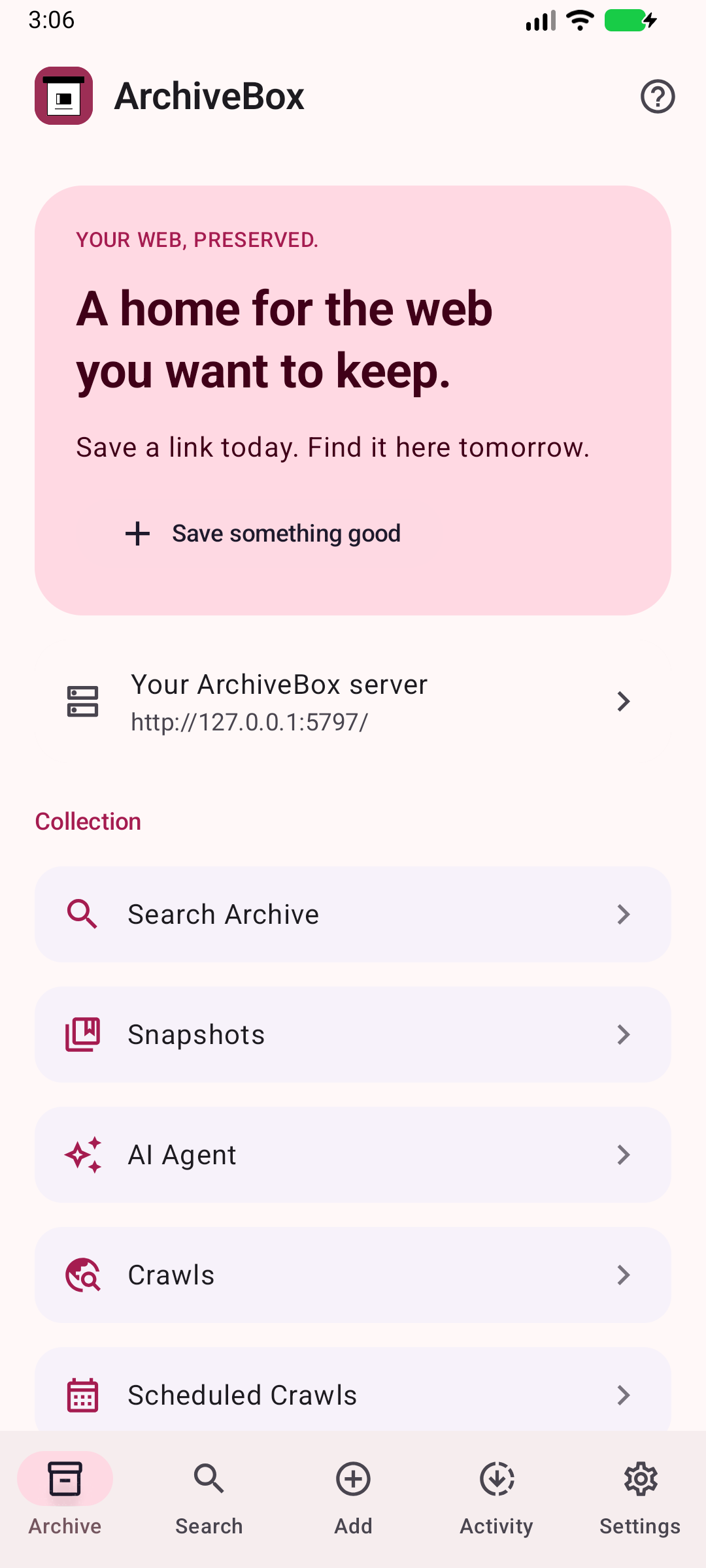 ArchiveBox at home — Navigate collection, server tools, and helpful resources.