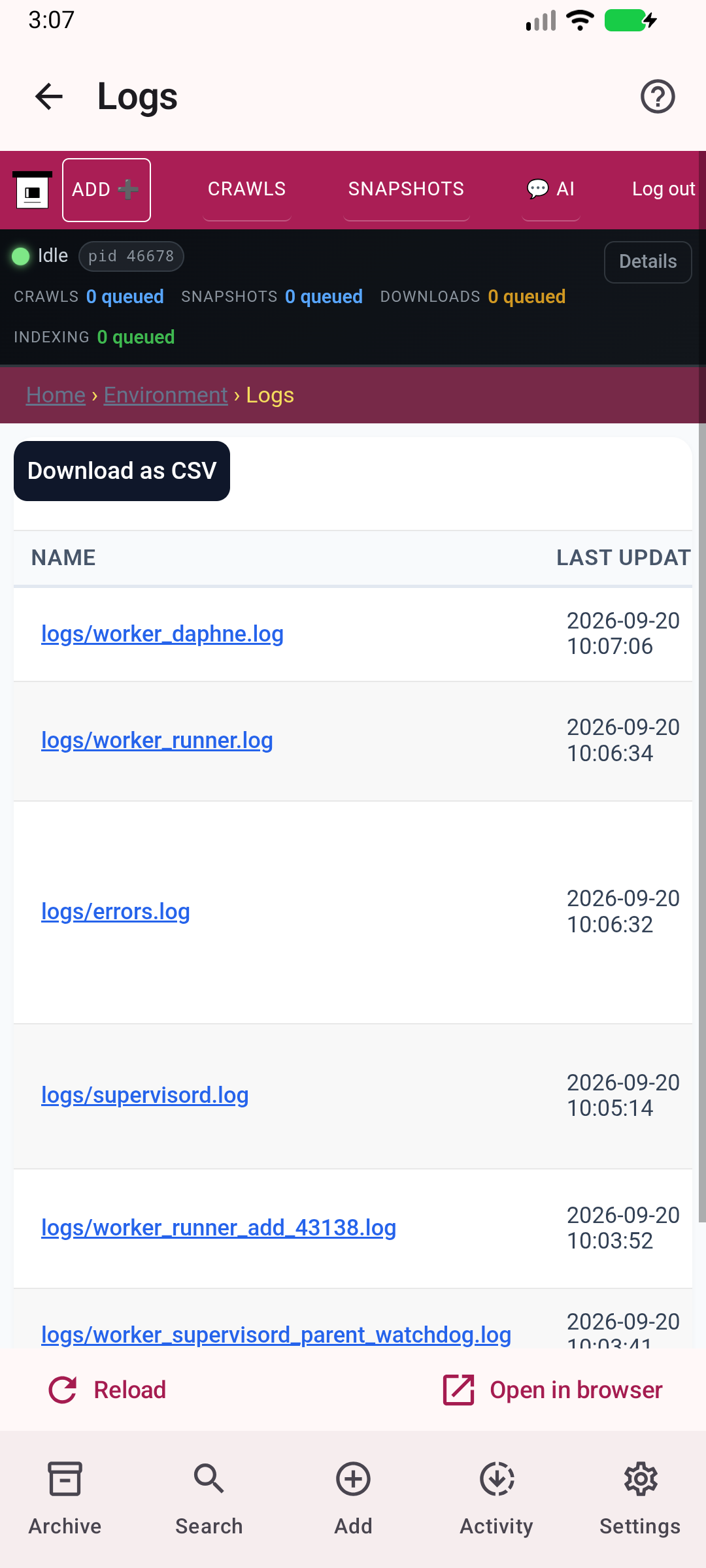 Server logs — Inspect actual server activity and diagnostics.