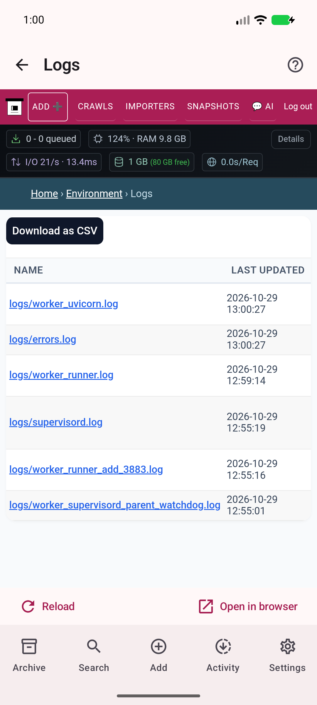 Server logs — Inspect actual server activity and diagnostics.