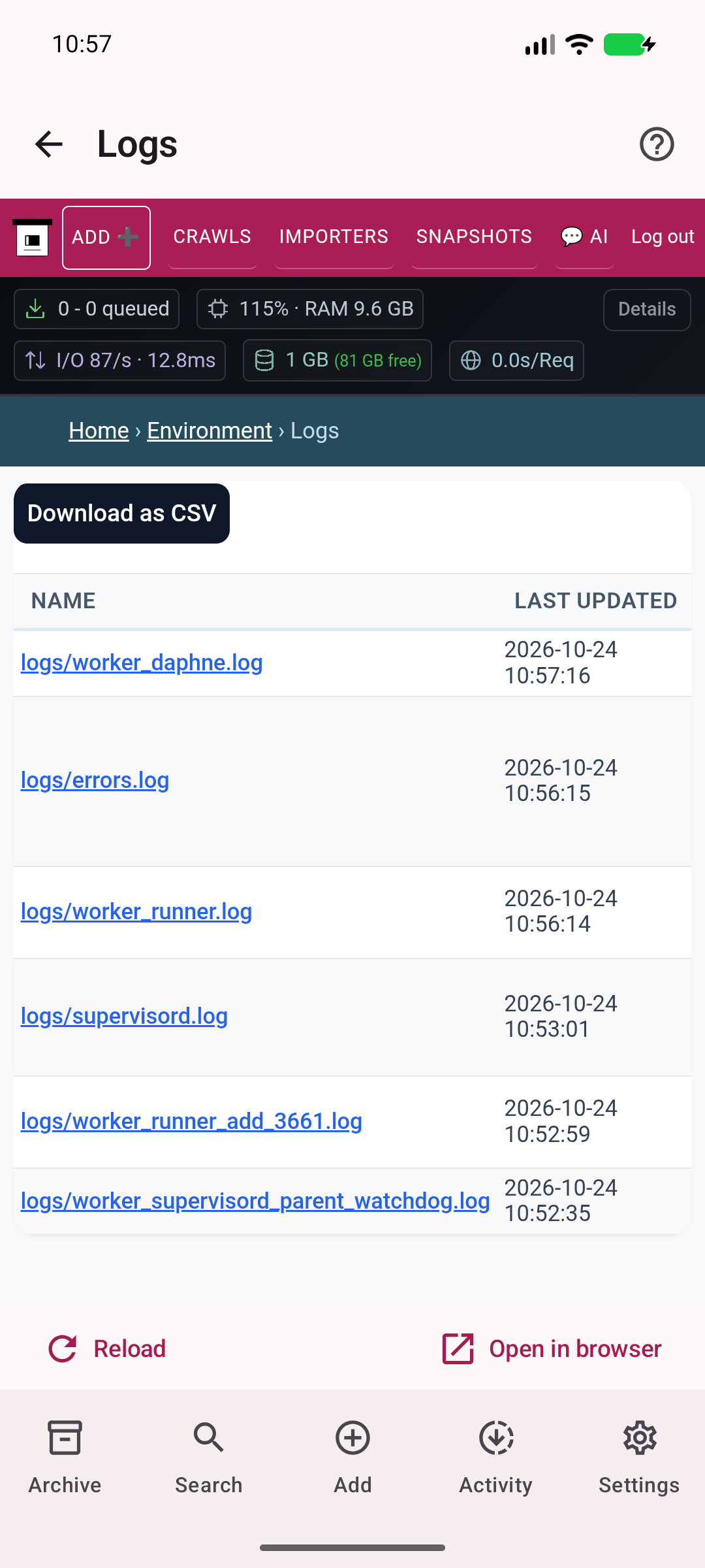 Server logs — Inspect actual server activity and diagnostics.