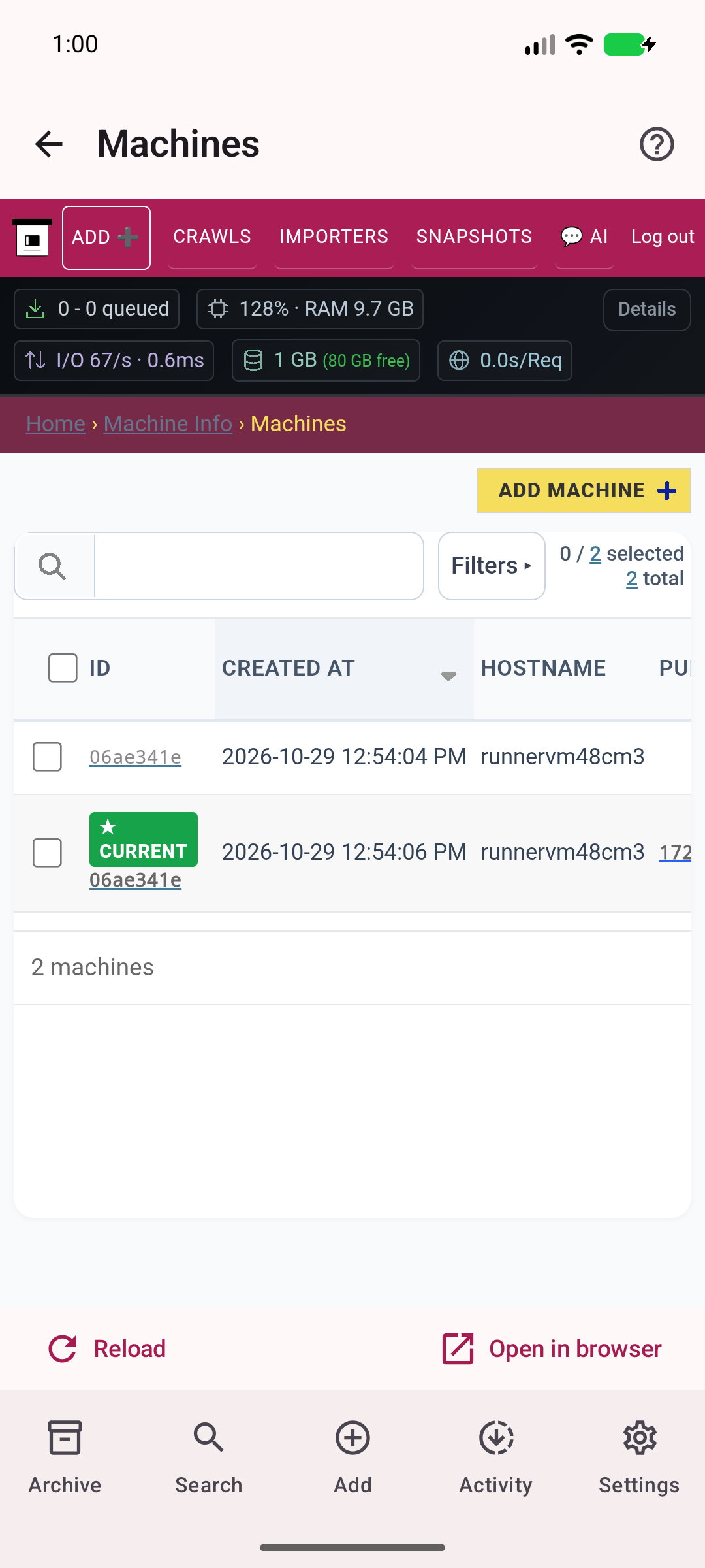 Machines — See machines registered with your ArchiveBox server.