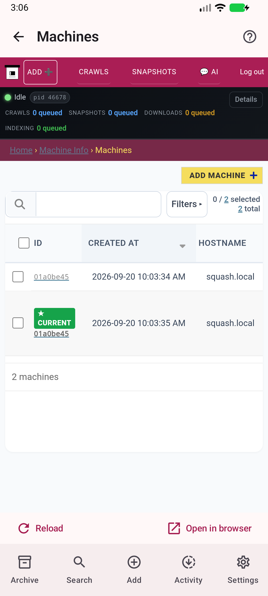 Machines — See machines registered with your ArchiveBox server.