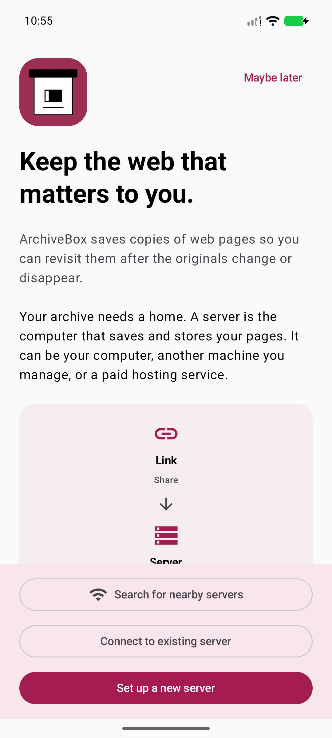 Welcome to your archive — Choose an existing server or follow the setup guide.