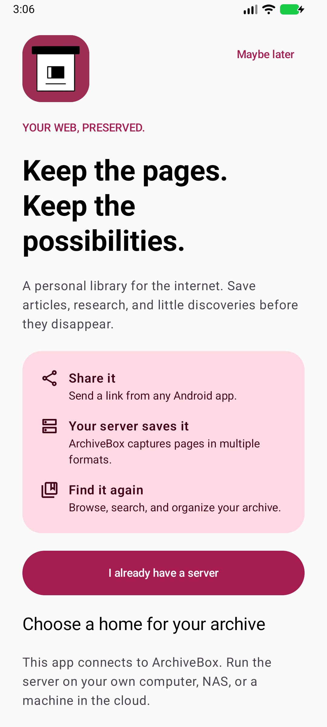 Welcome to your archive — Choose an existing server or follow the setup guide.