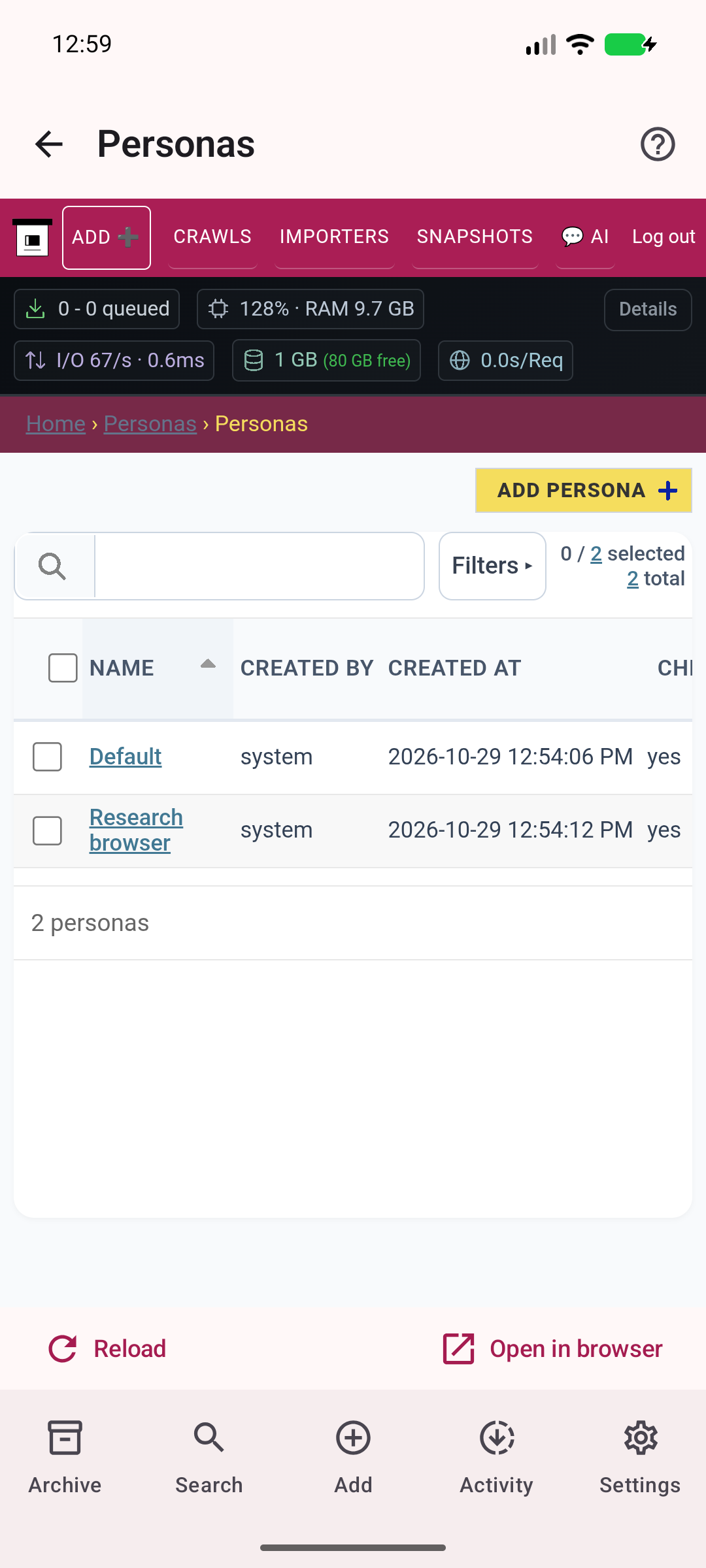 Personas — Manage server capture identities for logged-in websites.