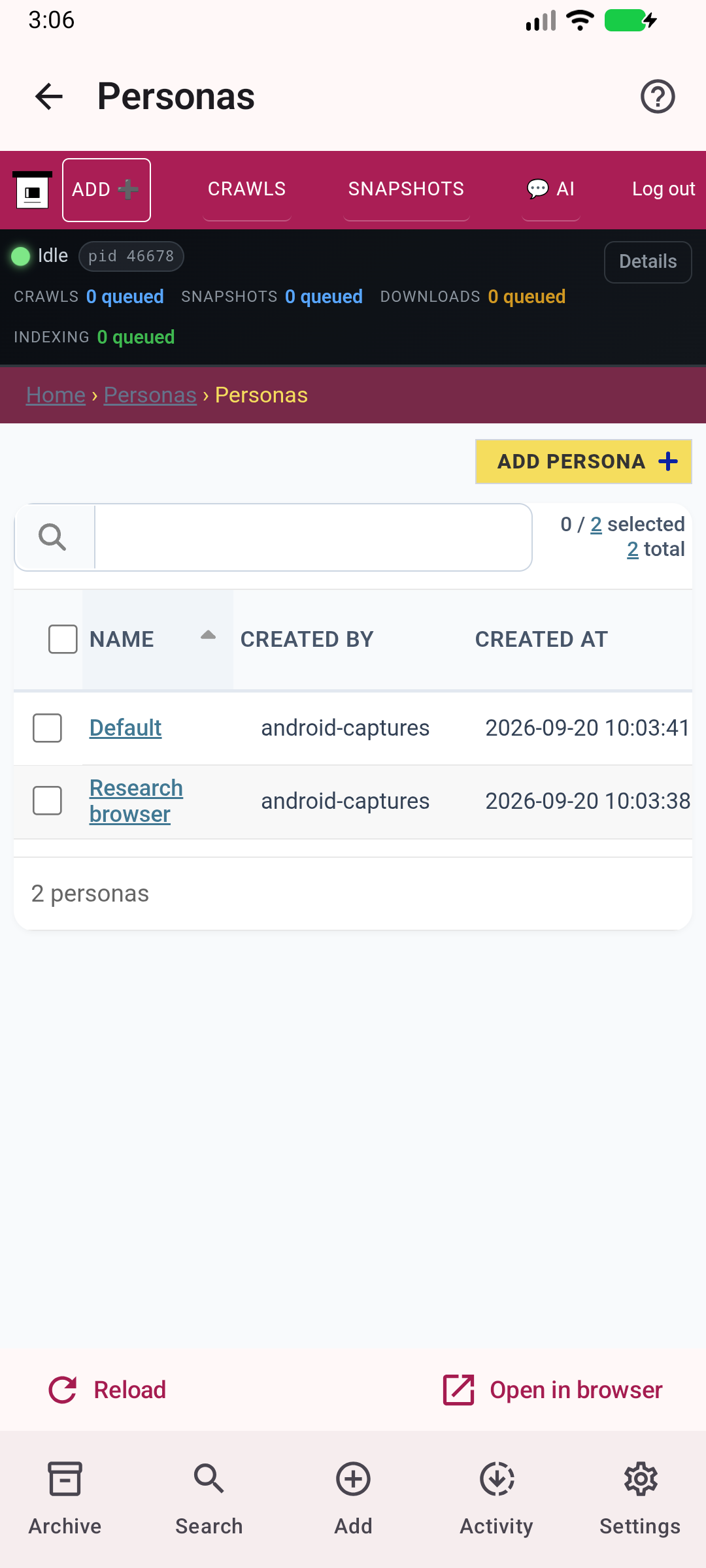 Personas — Manage server capture identities for logged-in websites.