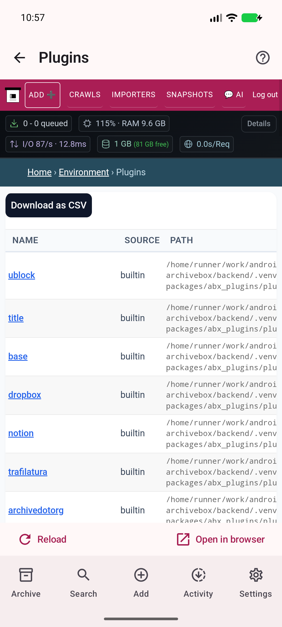Plugins — Inspect available archiving plugins.