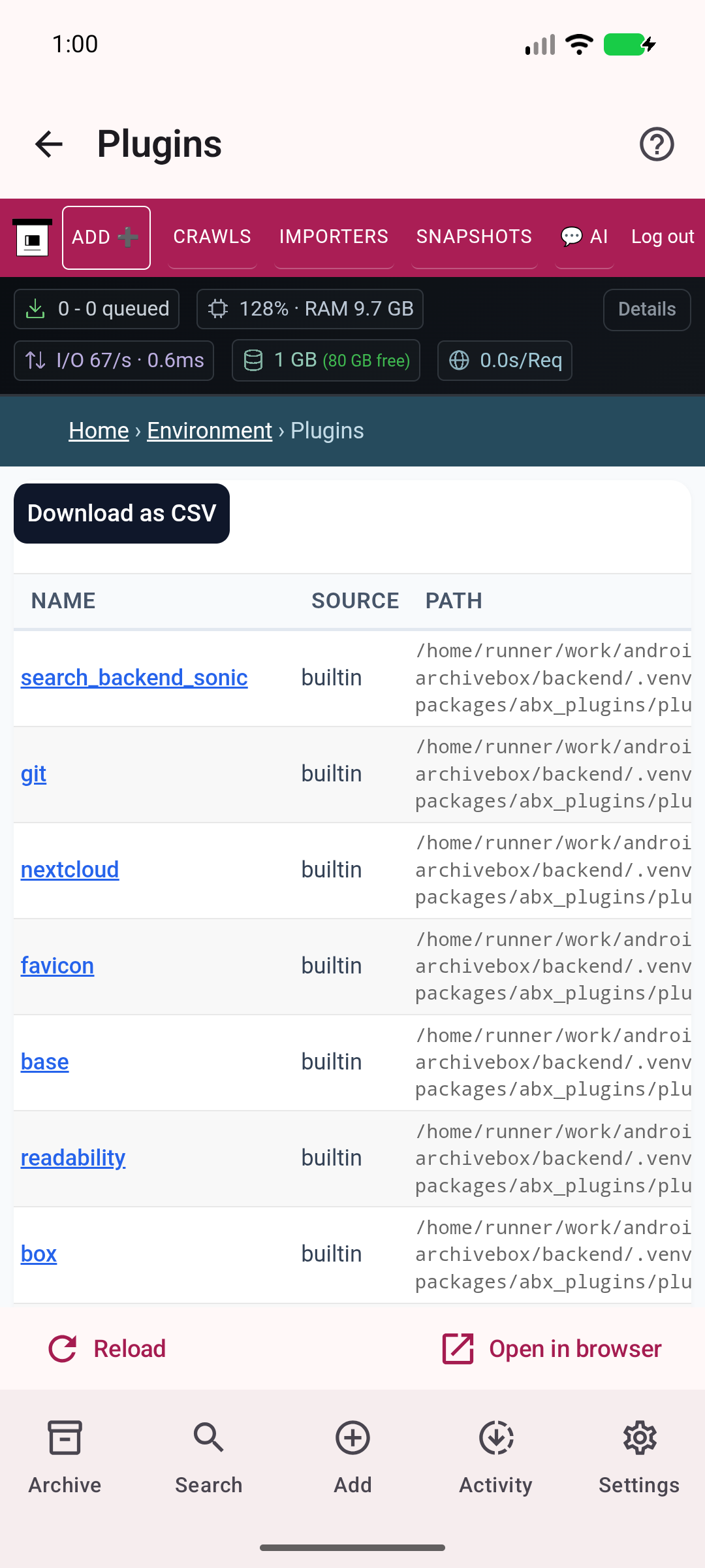 Plugins — Inspect available archiving plugins.