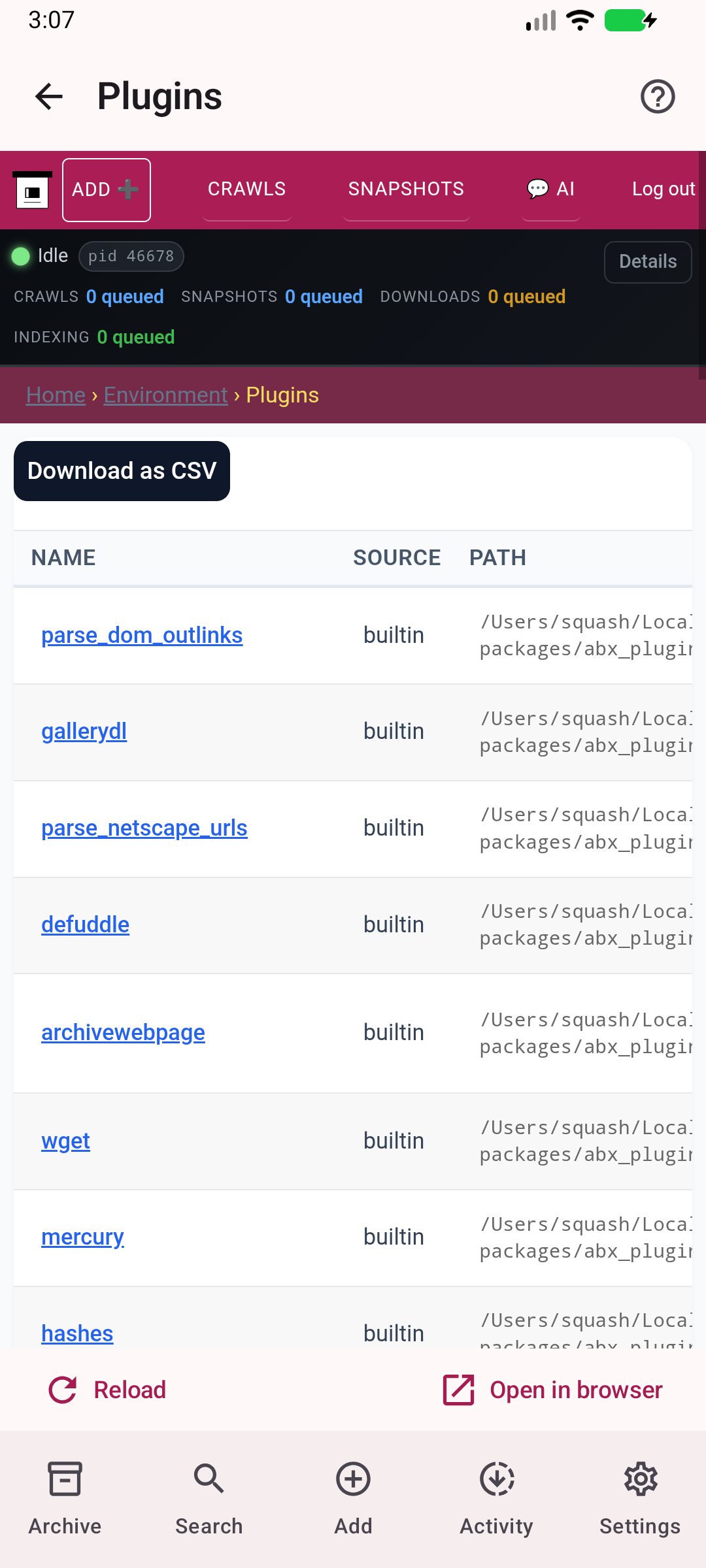 Plugins — Inspect available archiving plugins.
