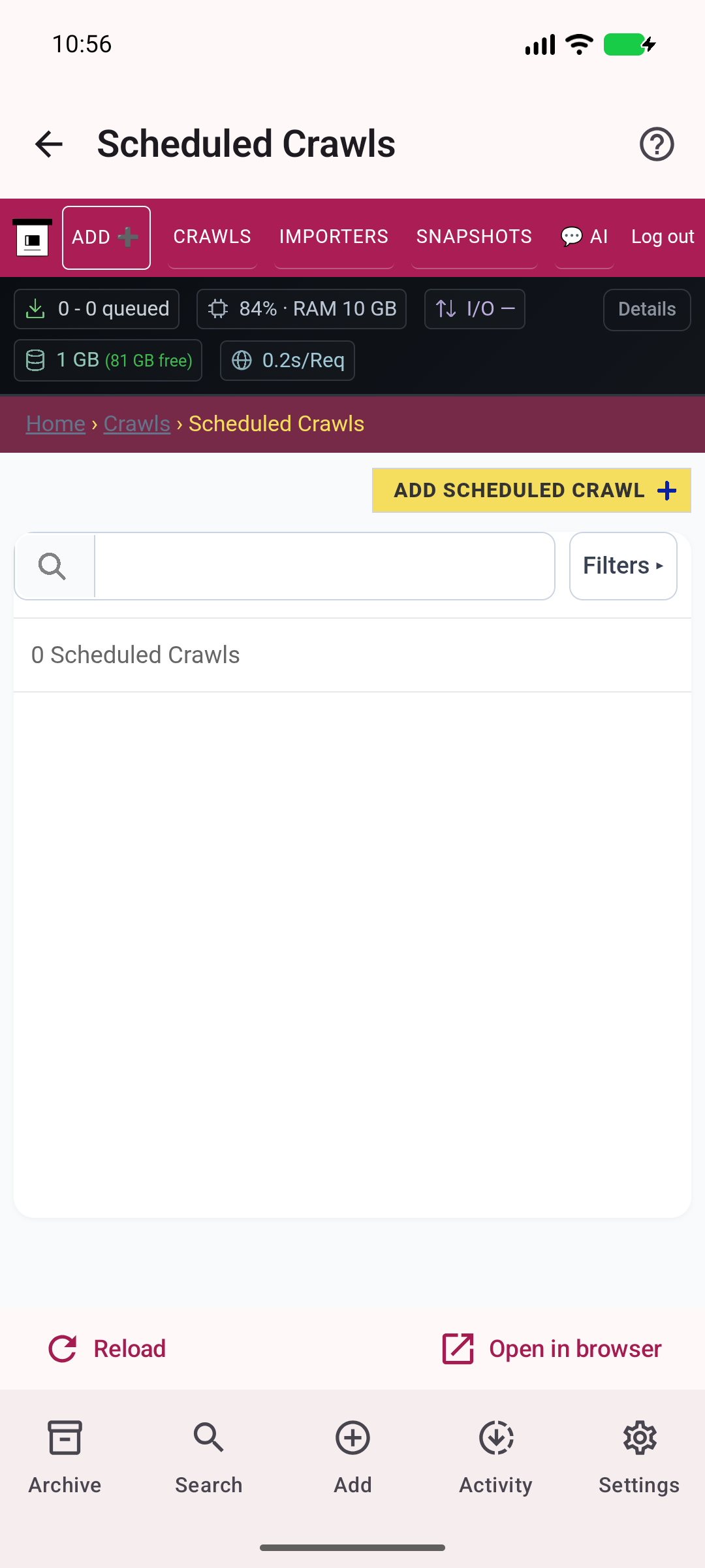 Scheduled crawls — Manage recurring captures on the server.