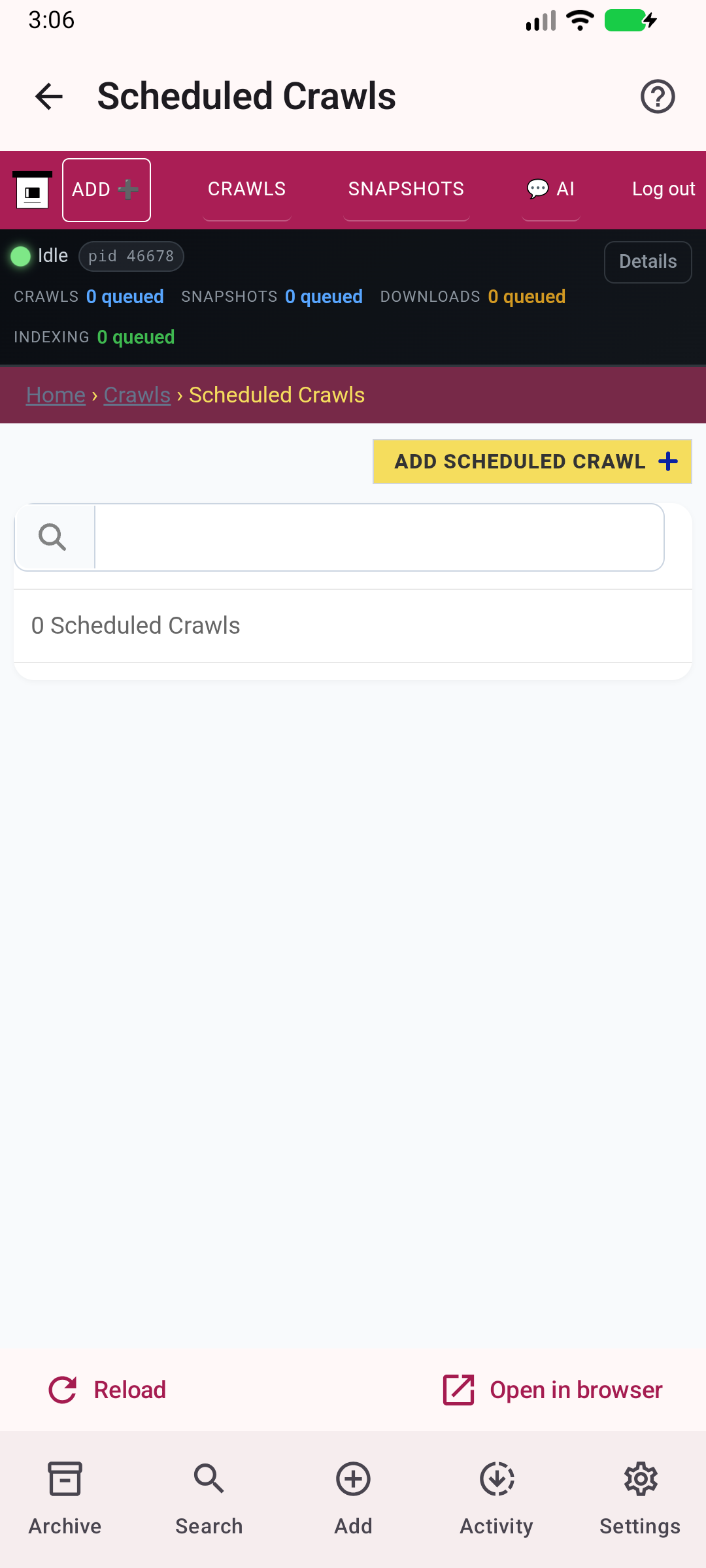 Scheduled crawls — Manage recurring captures on the server.