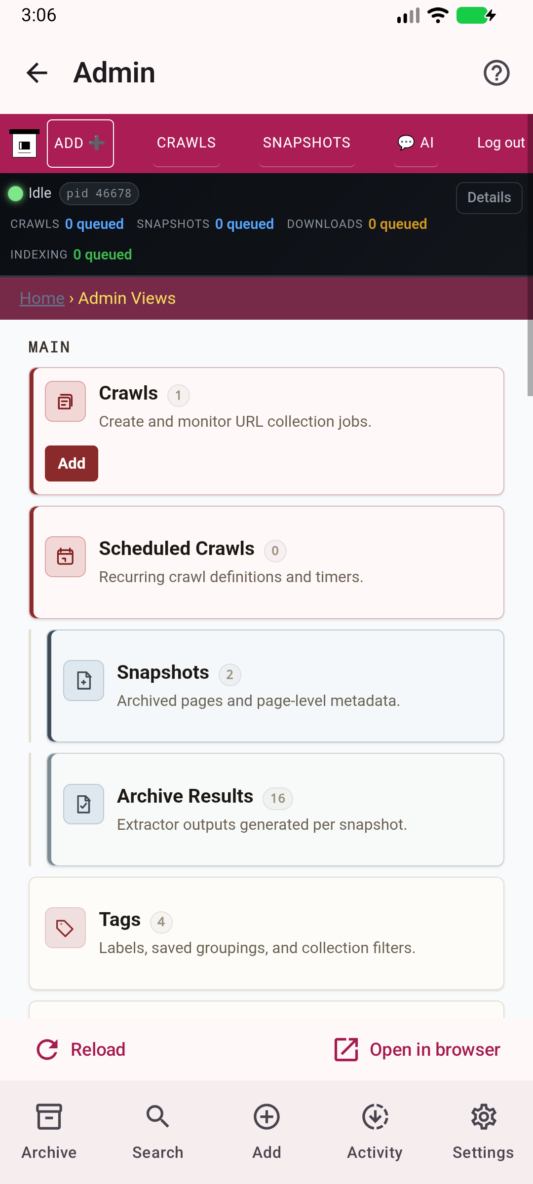 Your server tools — Use authenticated ArchiveBox administration inside the app.