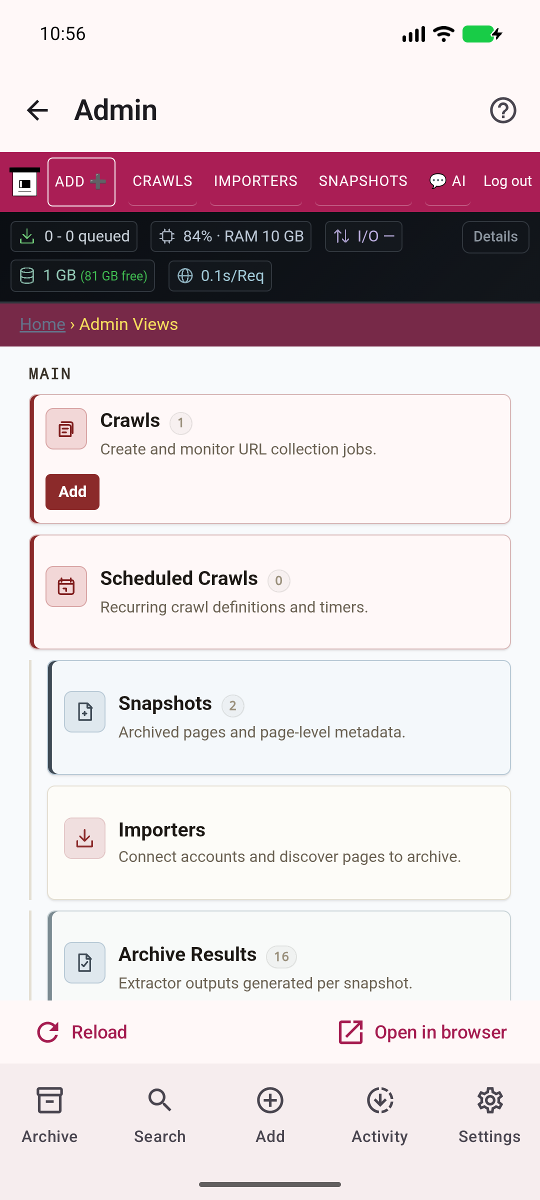 Your server tools — Use authenticated ArchiveBox administration inside the app.