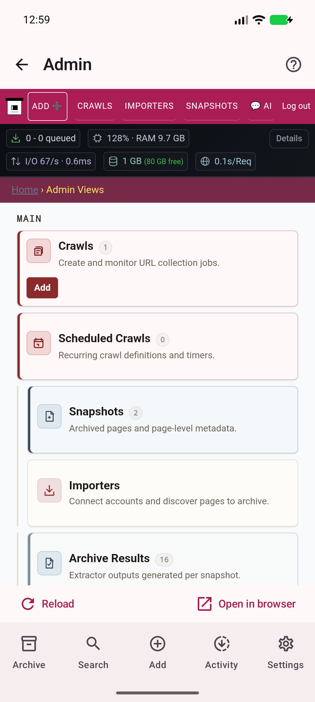 Your server tools — Use authenticated ArchiveBox administration inside the app.