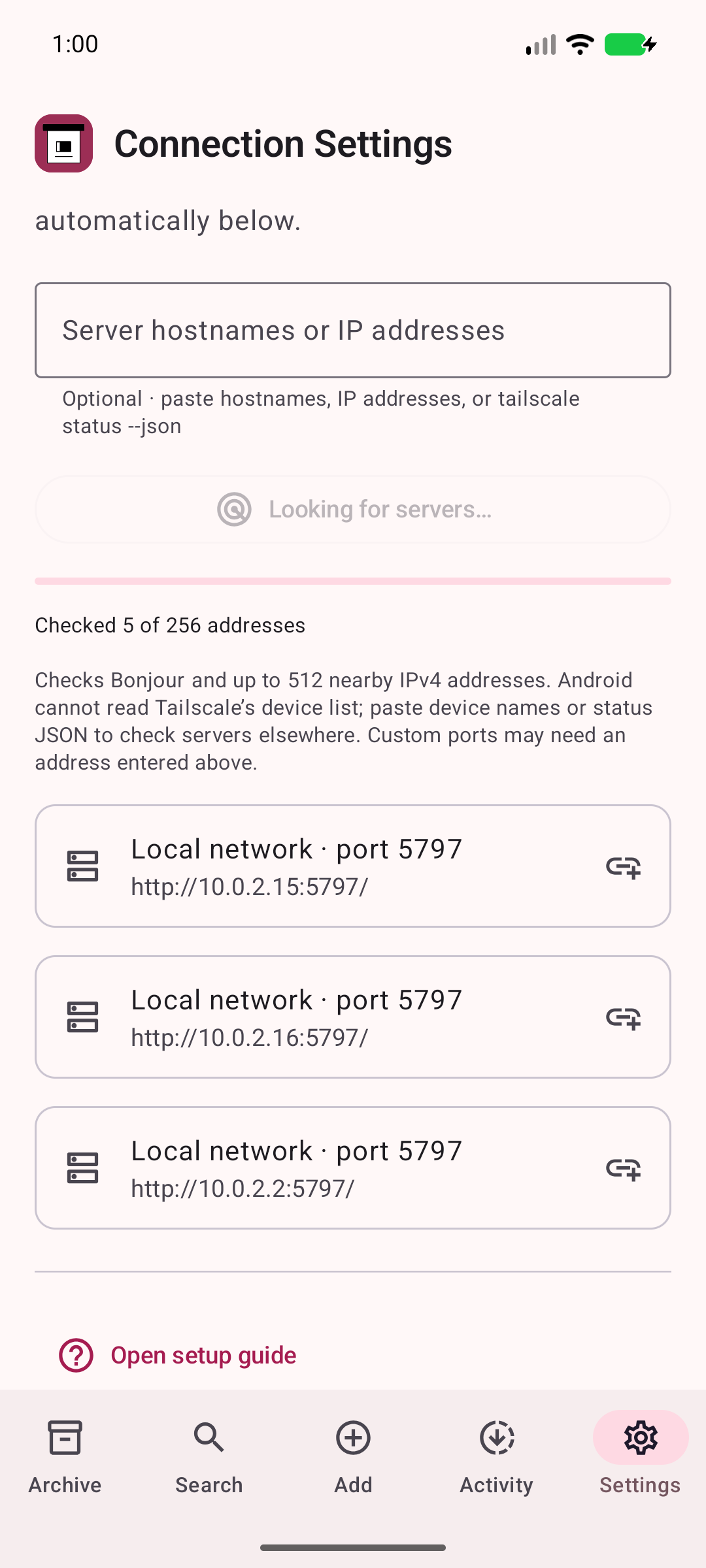Connection Settings — Manage your server and reopen the setup guide.