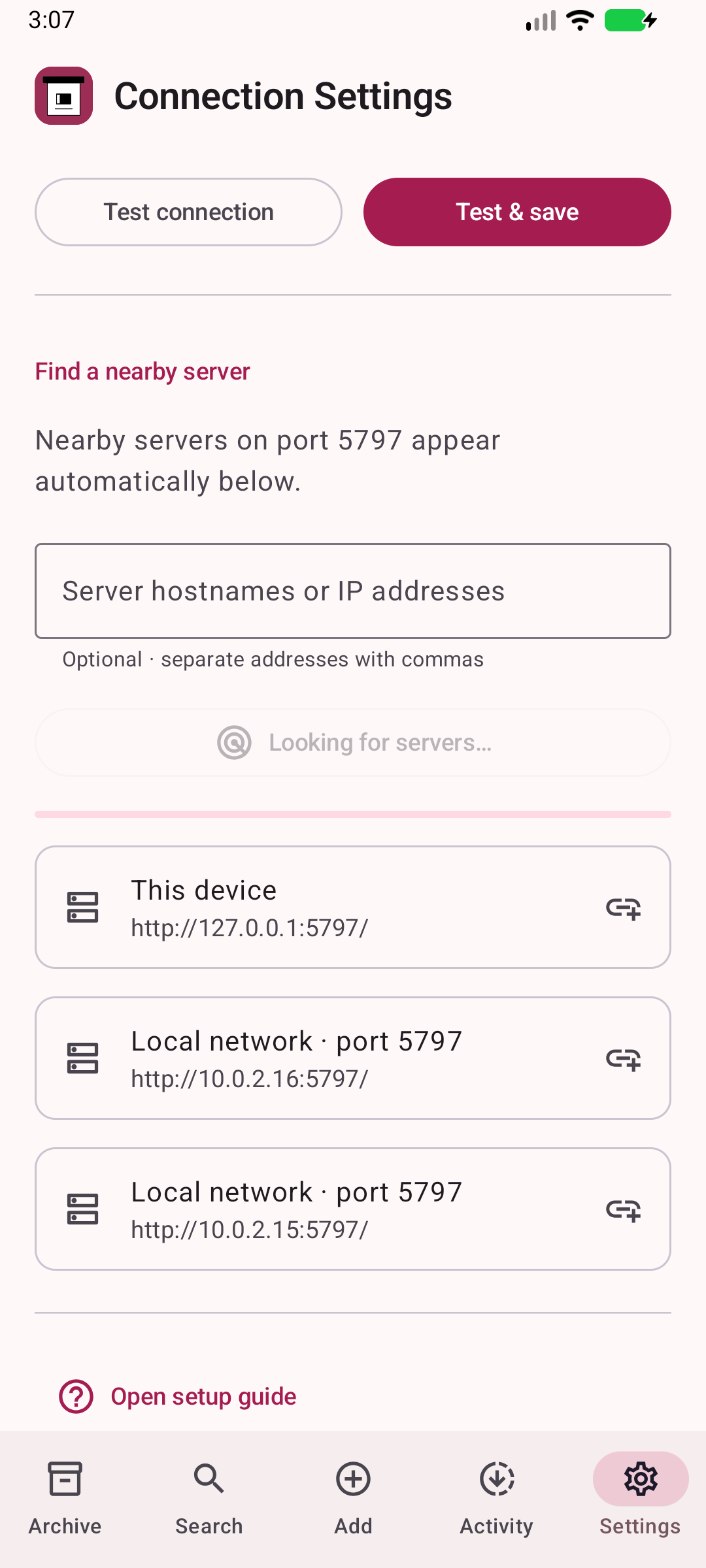 Connection Settings — Manage your server and reopen the setup guide.