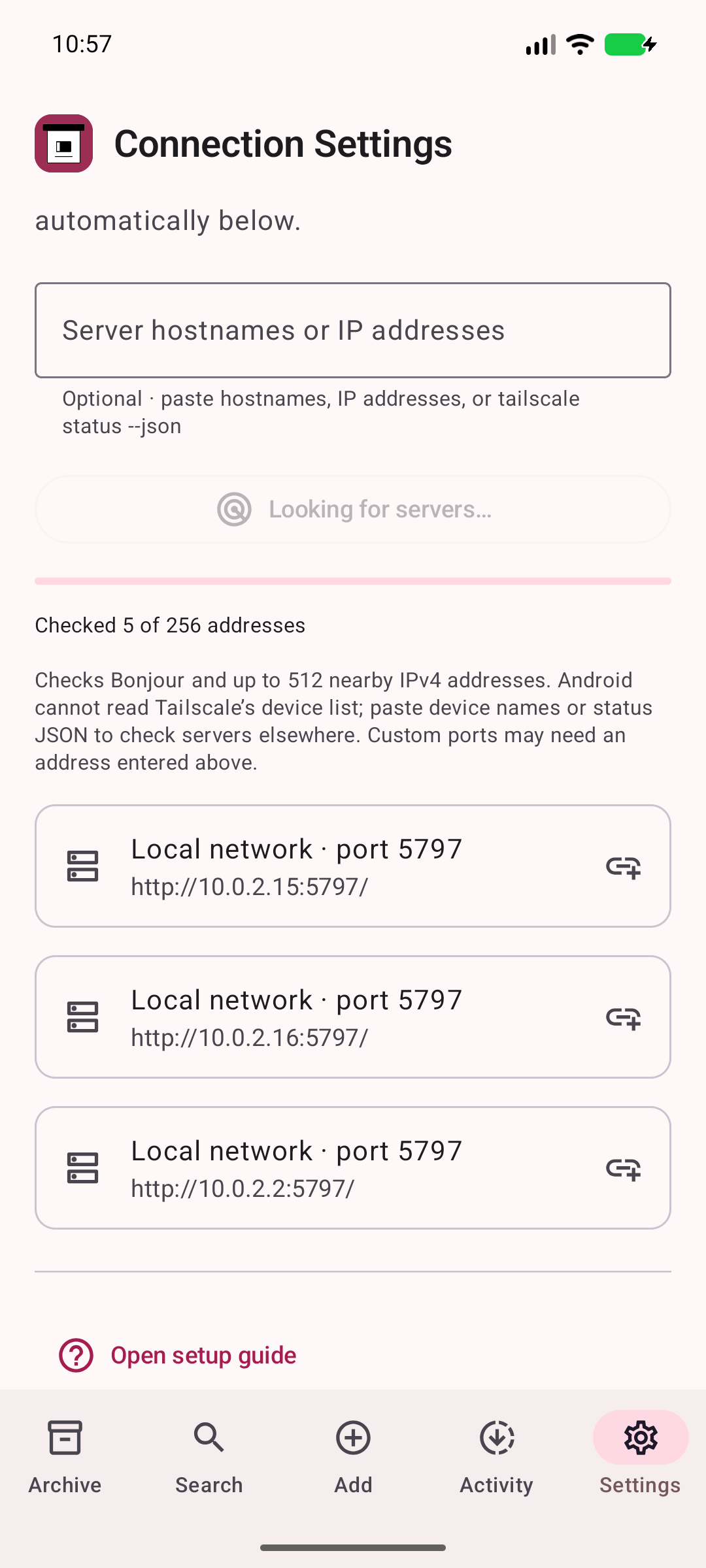 Connection Settings — Manage your server and reopen the setup guide.