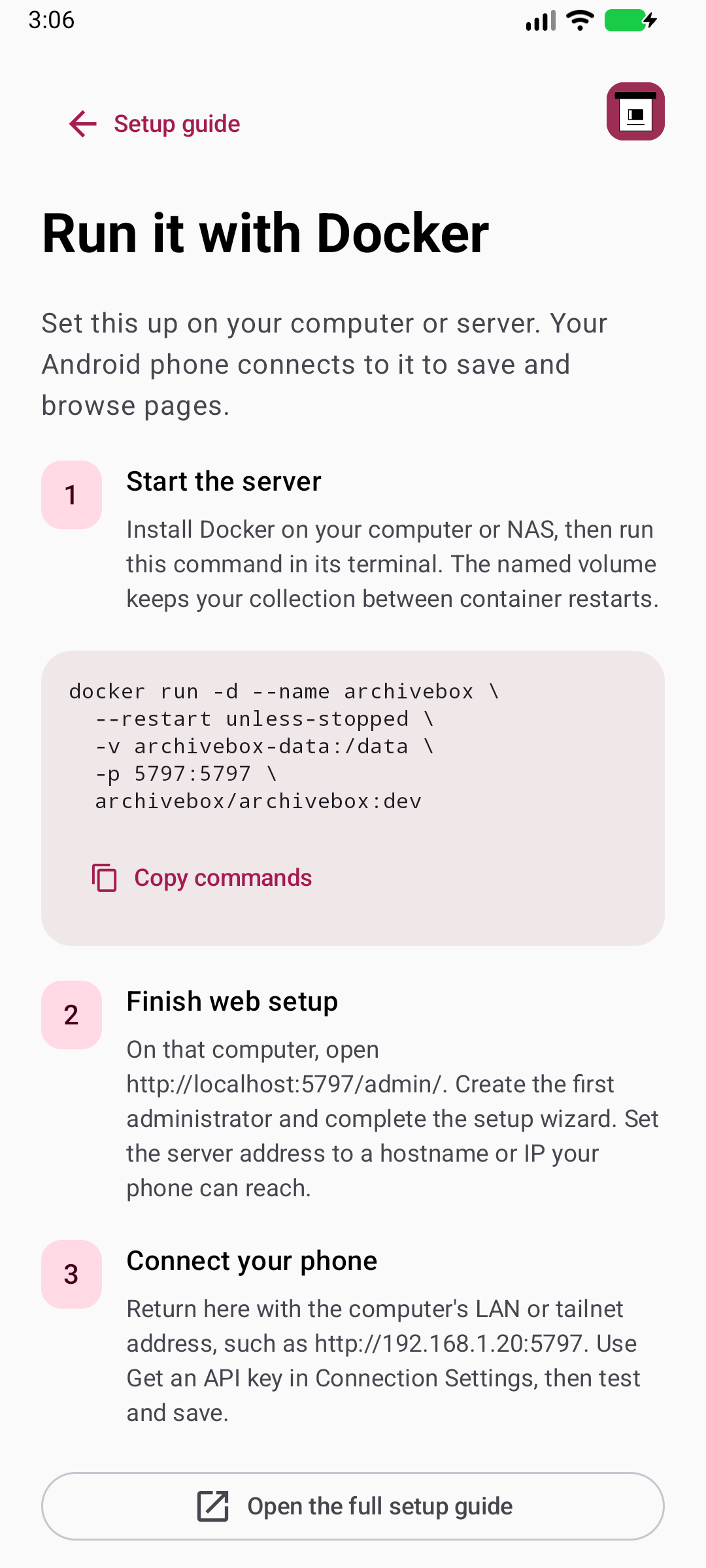 Run your own server — Follow the native Docker setup guide with the ready-to-copy command.