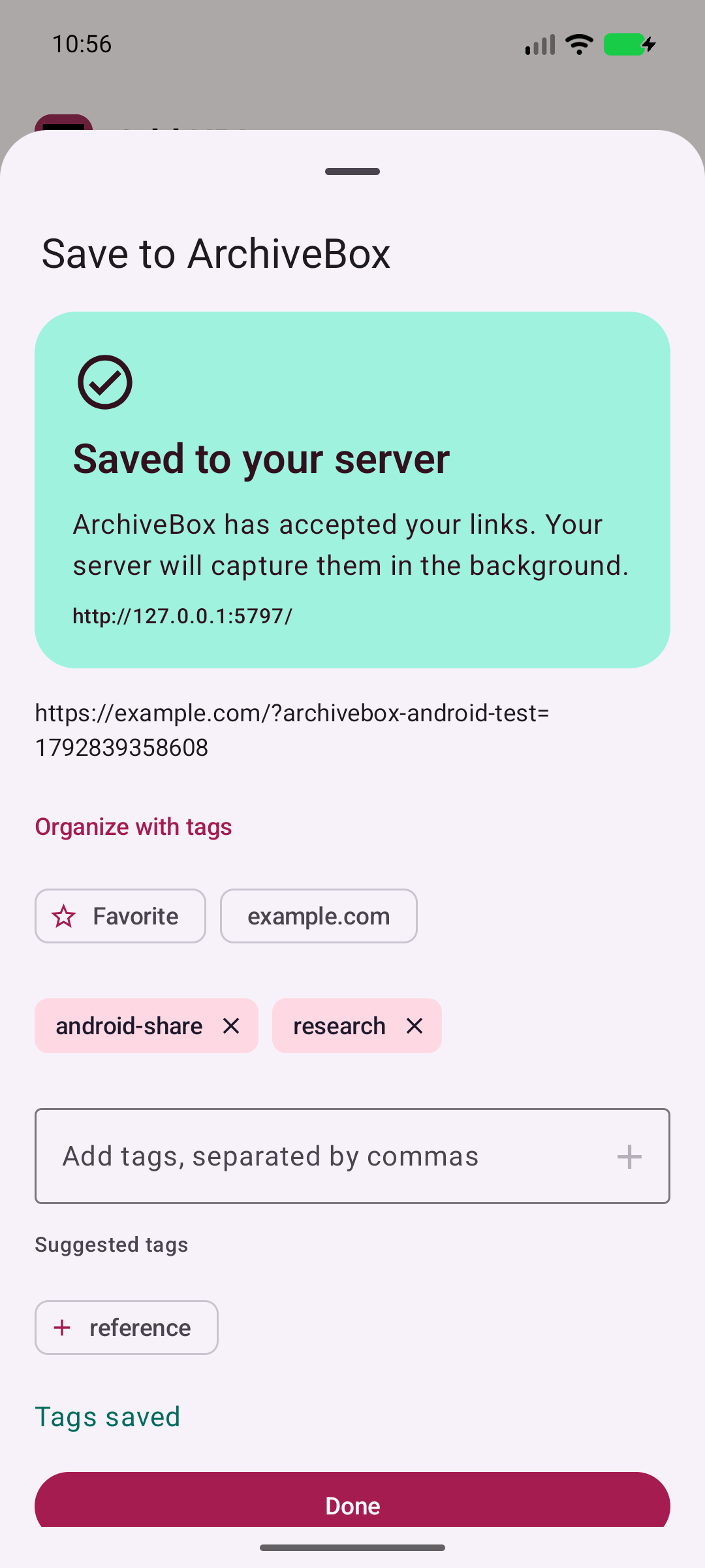 Saved to your archive — Confirm the server accepted your link and its tags.