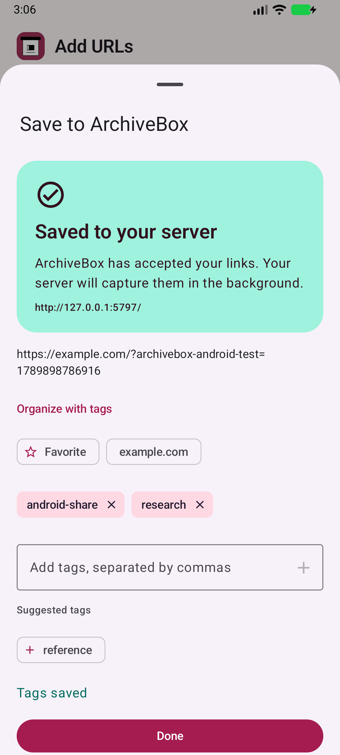 Saved to your archive — Confirm the server accepted your link and its tags.