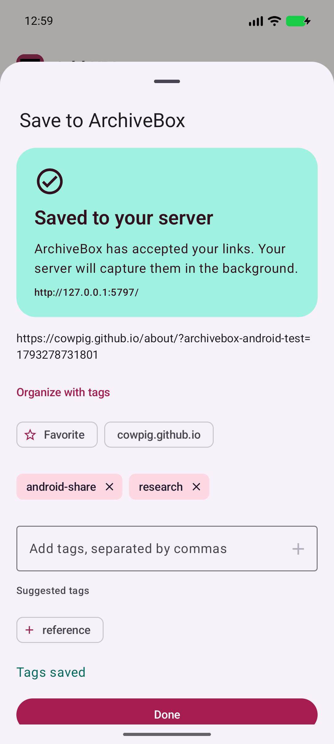 Saved to your archive — Confirm the server accepted your link and its tags.