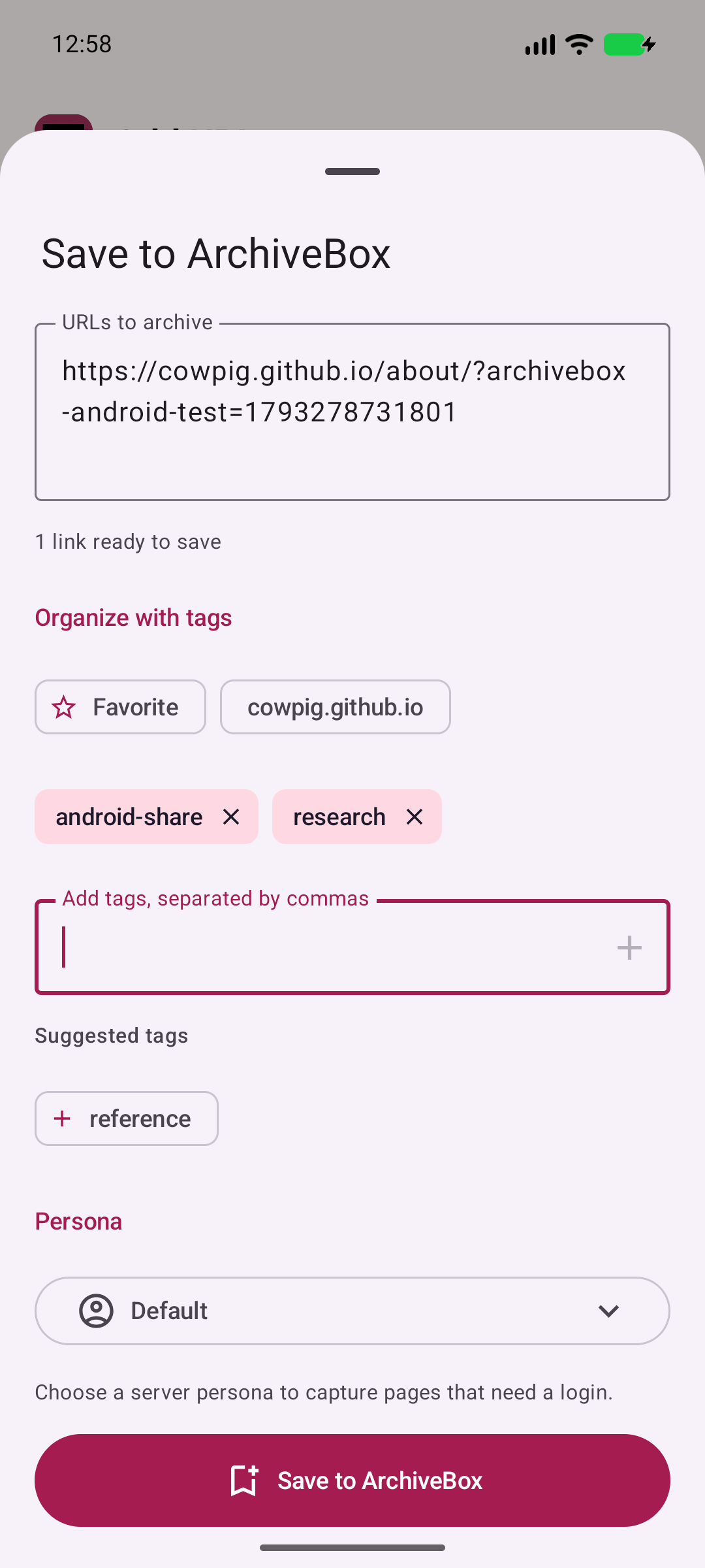 Share from any app — Receive a real Android share intent and review the URL before saving.