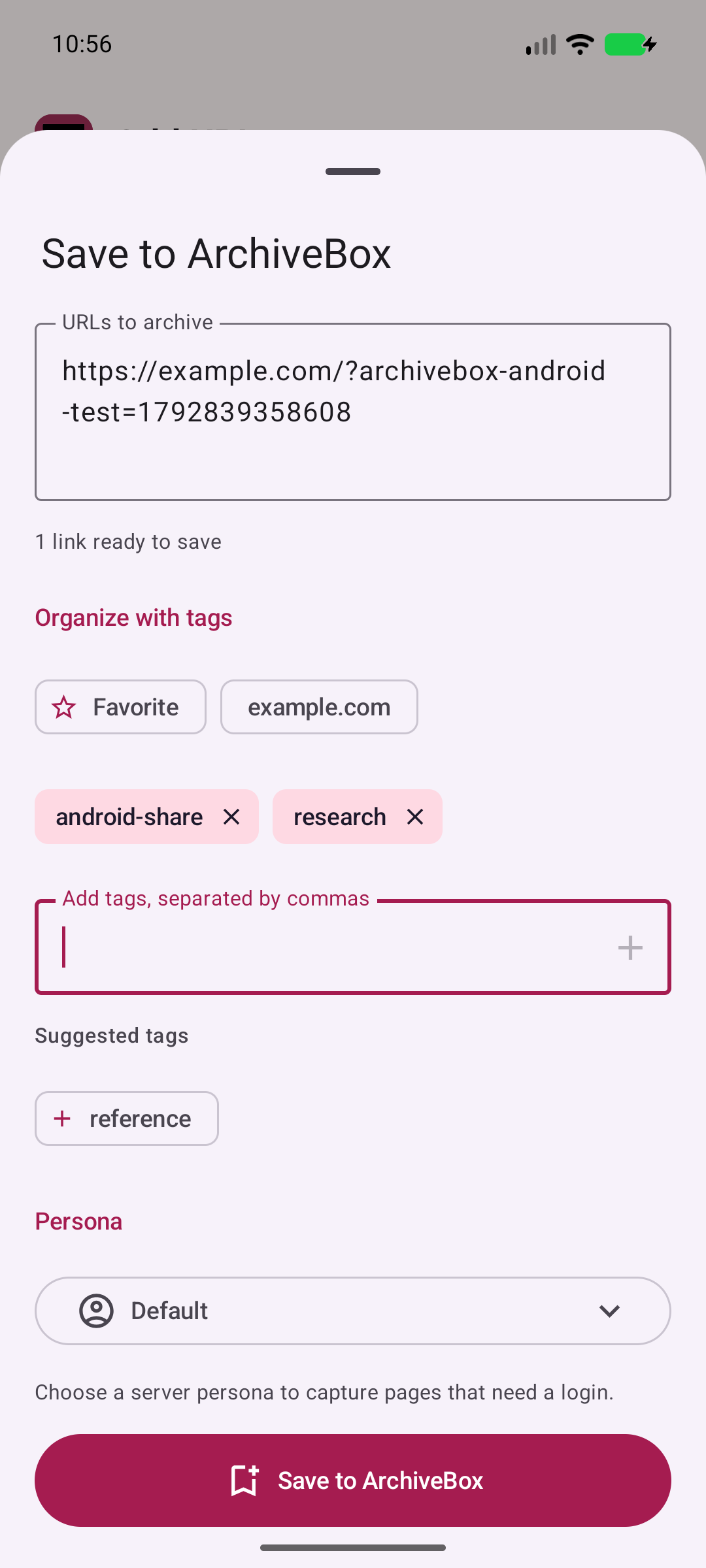 Share from any app — Receive a real Android share intent and review the URL before saving.