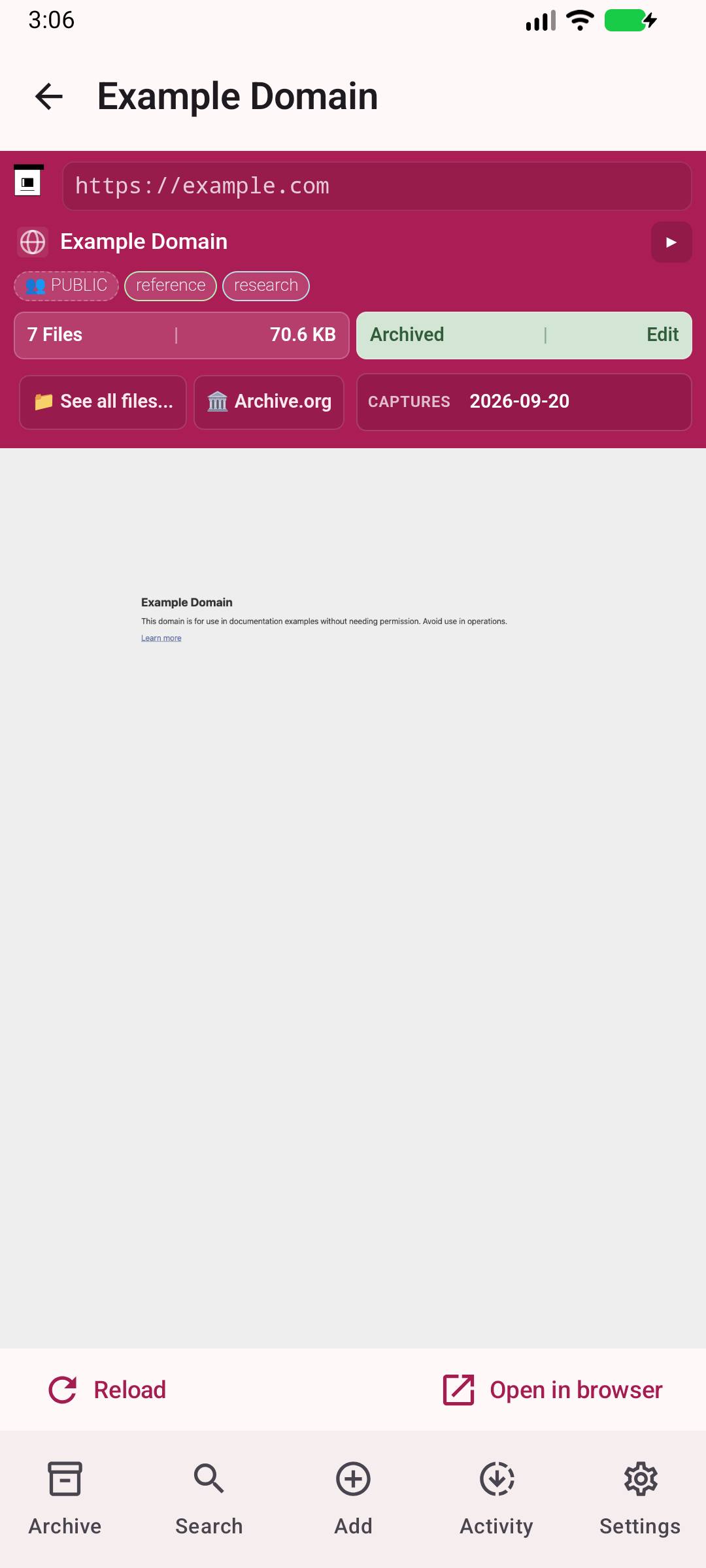 Open an archived page — Read the preserved copy hosted on your ArchiveBox server.