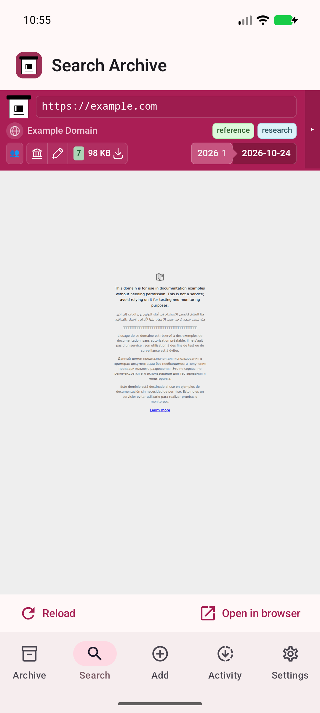 Open an archived page — Read the preserved copy hosted on your ArchiveBox server.