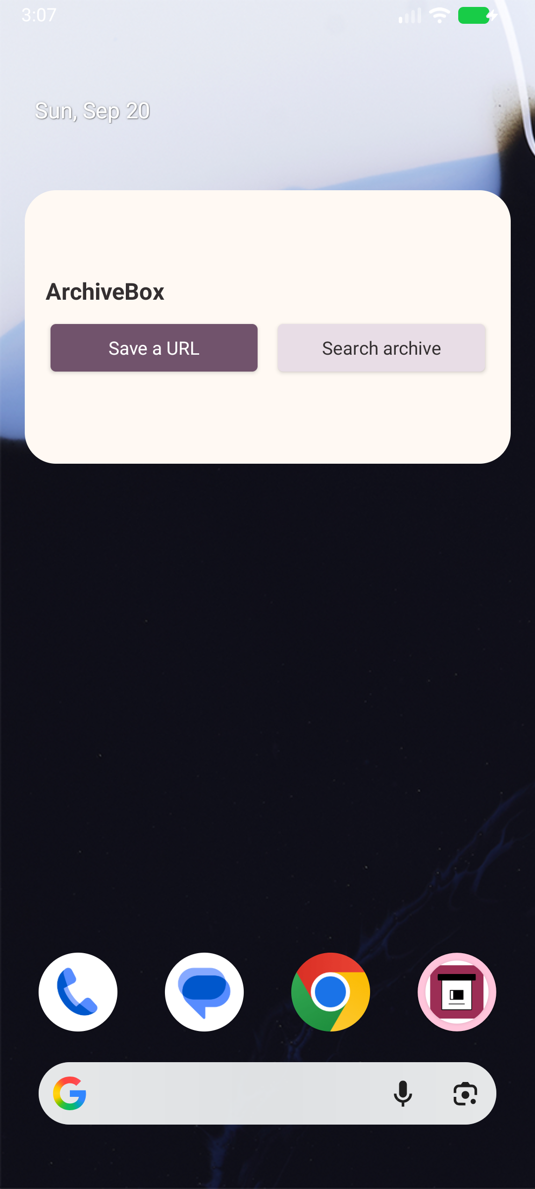 ArchiveBox on your home screen — Save or search from a real installed Android home screen widget.