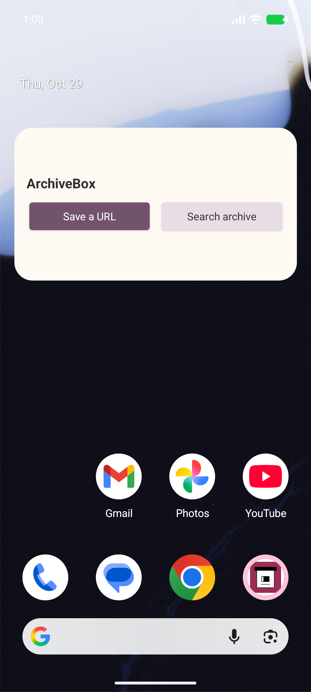 ArchiveBox on your home screen — Save or search from a real installed Android home screen widget.