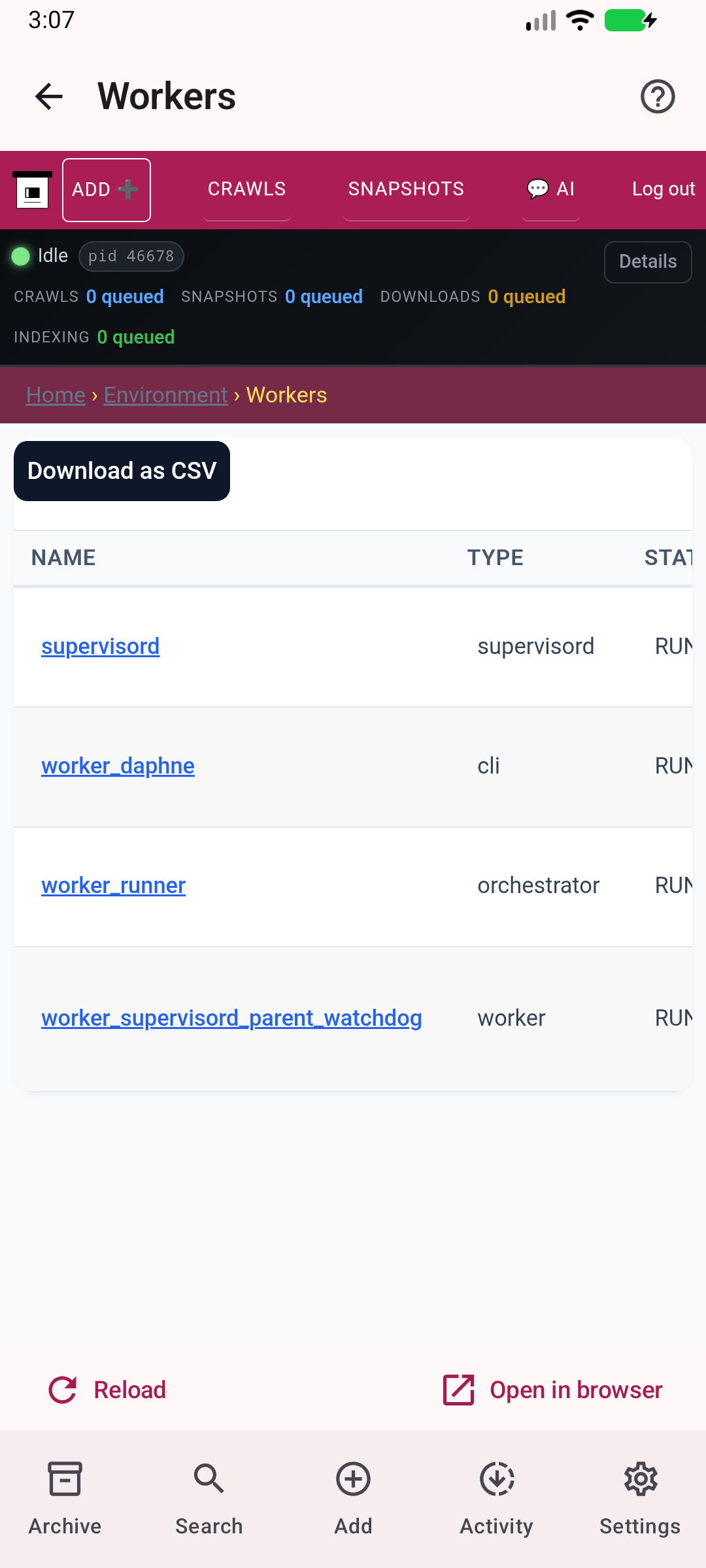 Workers — View current server workers.