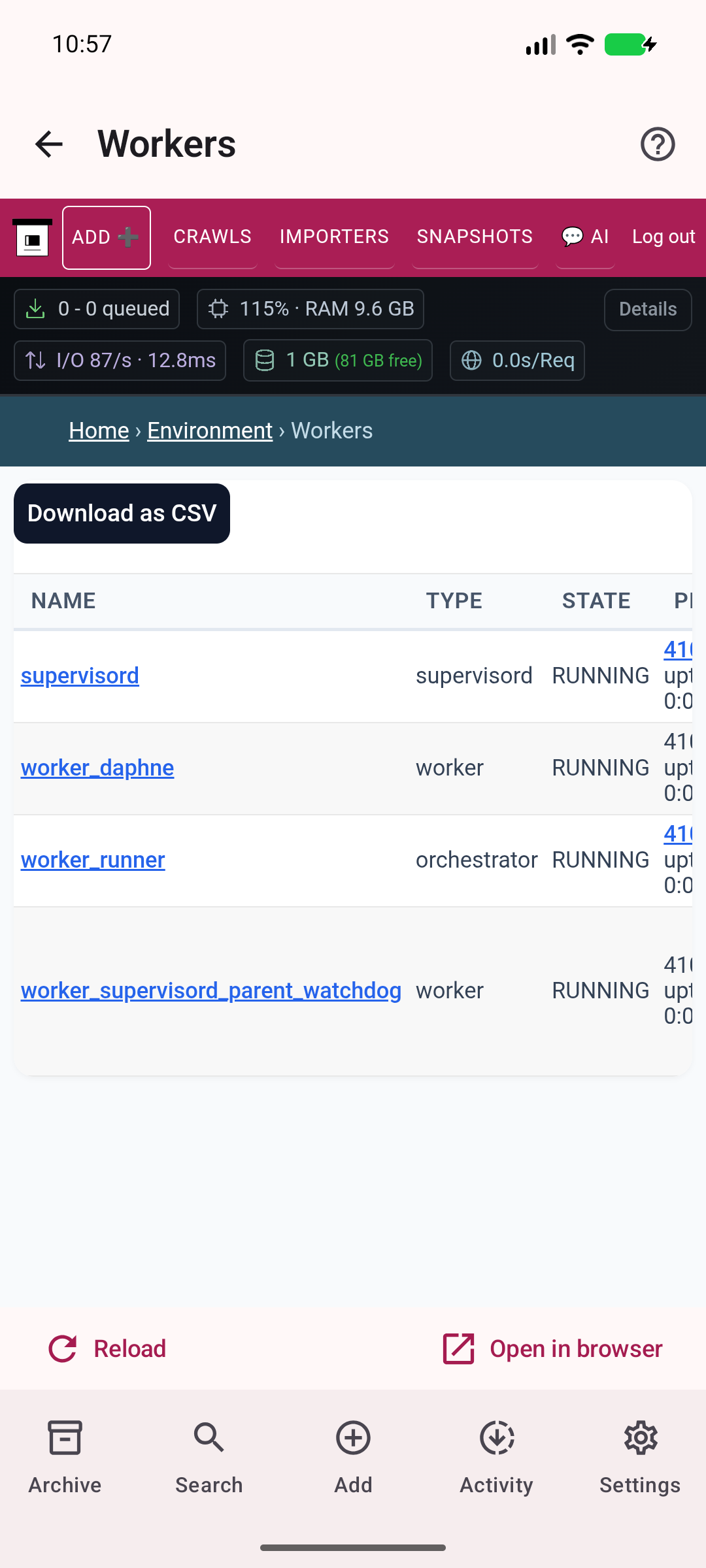 Workers — View current server workers.