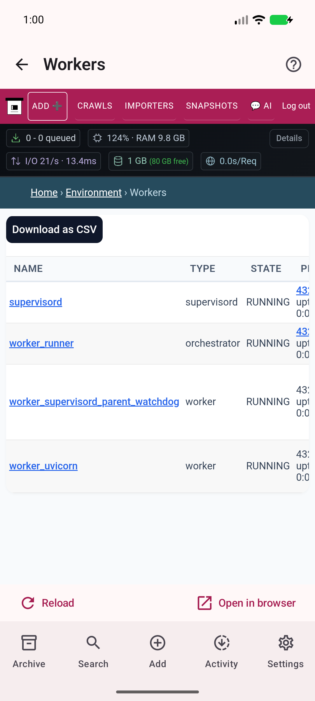 Workers — View current server workers.